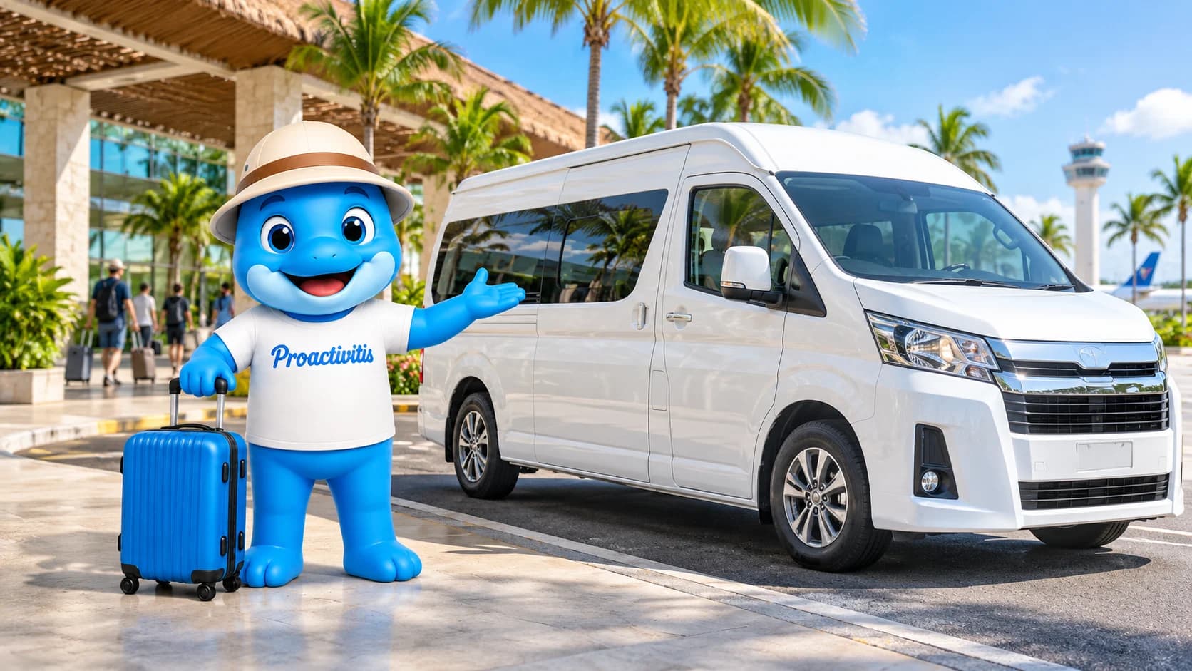 Proactivitis mascot welcoming travelers beside a private airport shuttle